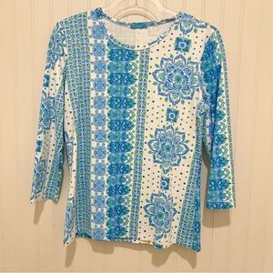 J. McLaughlin Blue and White Floral Long Sleeve Top Catalina Cloth